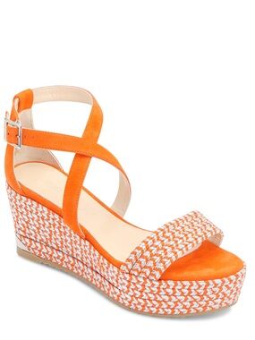 Jimmy Choo Portia Pop Orange Suede Woven Strap Wedge Sandals IT 39.5
